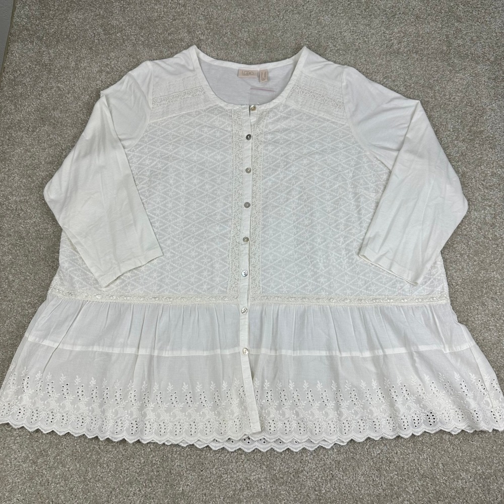 LOGO Lavish by Lori Goldstein White Eyelet Lace Peplum Top Plus Size 2X Cotton